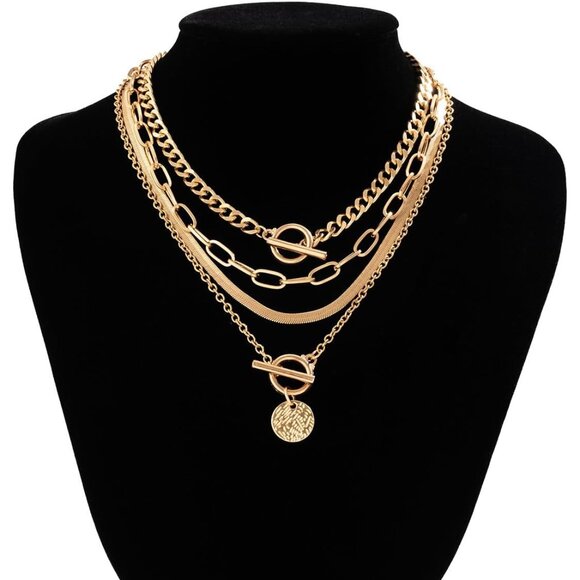 Gold Layered Stack Necklace Set for Women, Retro Thick Cuban Chain Coin Medallio - Picture 6 of 7